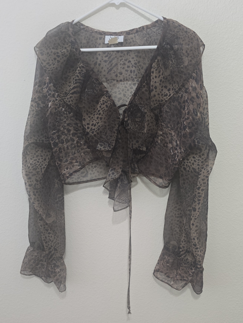 Judy's Vintage, Sheer Ruffle Tie-Front Blouse - Leopard Print, Brown L
